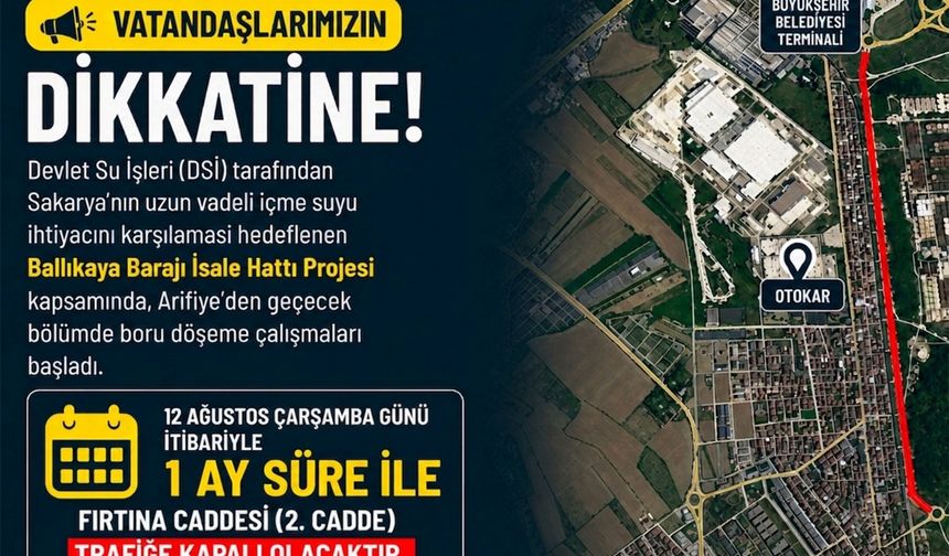Arifiye’de Fırtına Caddesi(2.Cadde) 1 Ay Trafiğe Kapatılacak